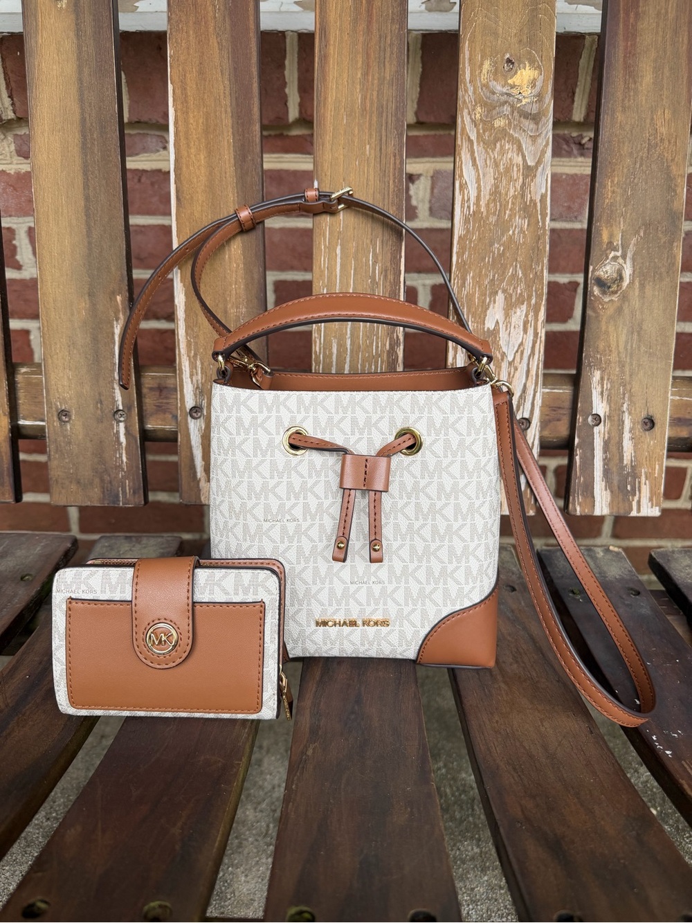 Michael Kors Brown and White Signature Drawstring Crossbody Bag with Wallet
